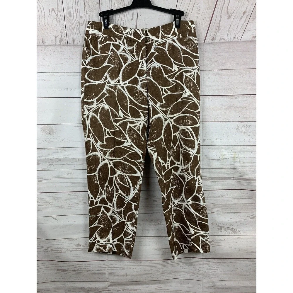 Rafaella Pants Womens 6 Brown White 100% Linen Leaf Print Straight Leg Trousers‎